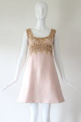 "Pink Silk & Pearls" Vintage 1960's Pink Shantung Silk Beaded Dress UK 8 US 4
