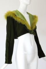"Chartreuse Marabou" Vintage 1960's Forest Green Velvet & Chartreuse Marabou Cropped Jacket UK 12 US 8