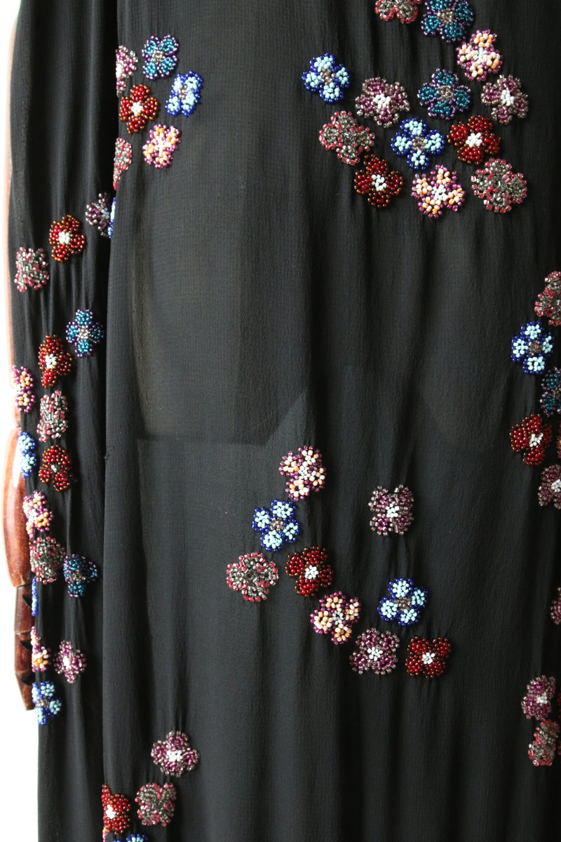 "Daisy Trains" Vintage 1920's Black Silk Beaded Daisy Train Dress UK 14-18 US 10-14