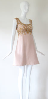 "Pink Silk & Pearls" Vintage 1960's Pink Shantung Silk Beaded Dress UK 8 US 4
