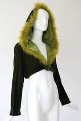 "Chartreuse Marabou" Vintage 1960's Forest Green Velvet & Chartreuse Marabou Cropped Jacket UK 12 US 8
