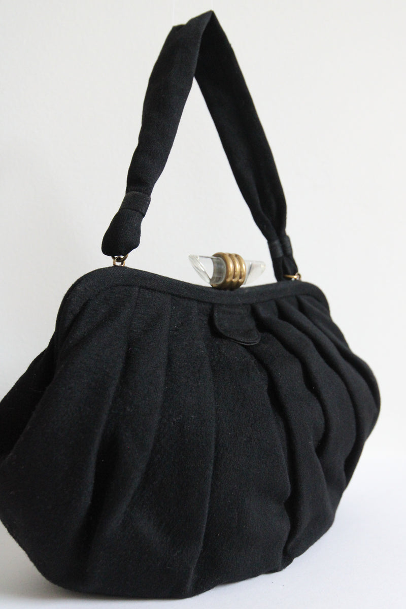 "Lucite & Brass"Vintage 1940's Black Wool & Lucite Clasp Handbag