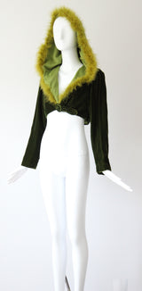 "Chartreuse Marabou" Vintage 1960's Forest Green Velvet & Chartreuse Marabou Cropped Jacket UK 12 US 8