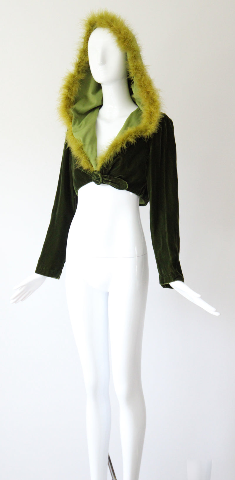 "Chartreuse Marabou" Vintage 1960's Forest Green Velvet & Chartreuse Marabou Cropped Jacket UK 12 US 8