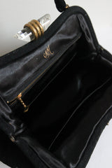 "Lucite & Brass"Vintage 1940's Black Wool & Lucite Clasp Handbag