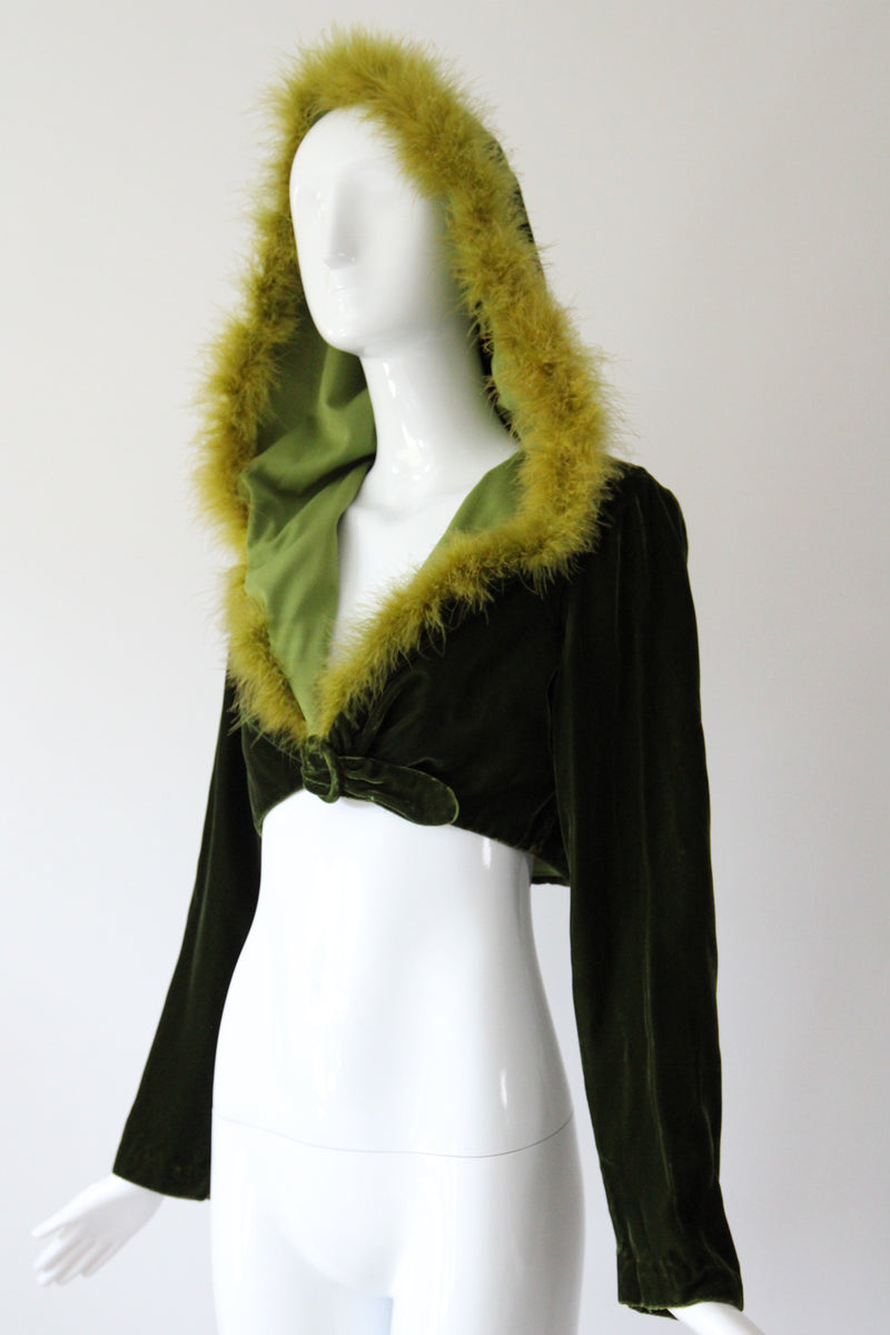 "Chartreuse Marabou" Vintage 1960's Forest Green Velvet & Chartreuse Marabou Cropped Jacket UK 12 US 8