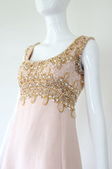 "Pink Silk & Pearls" Vintage 1960's Pink Shantung Silk Beaded Dress UK 8 US 4