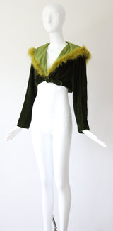 "Chartreuse Marabou" Vintage 1960's Forest Green Velvet & Chartreuse Marabou Cropped Jacket UK 12 US 8