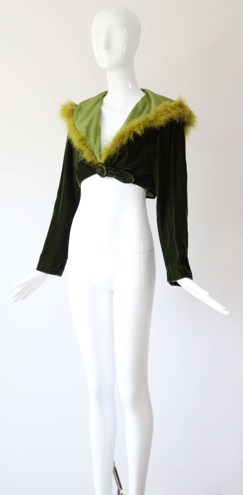 "Chartreuse Marabou" Vintage 1960's Forest Green Velvet & Chartreuse Marabou Cropped Jacket UK 12 US 8
