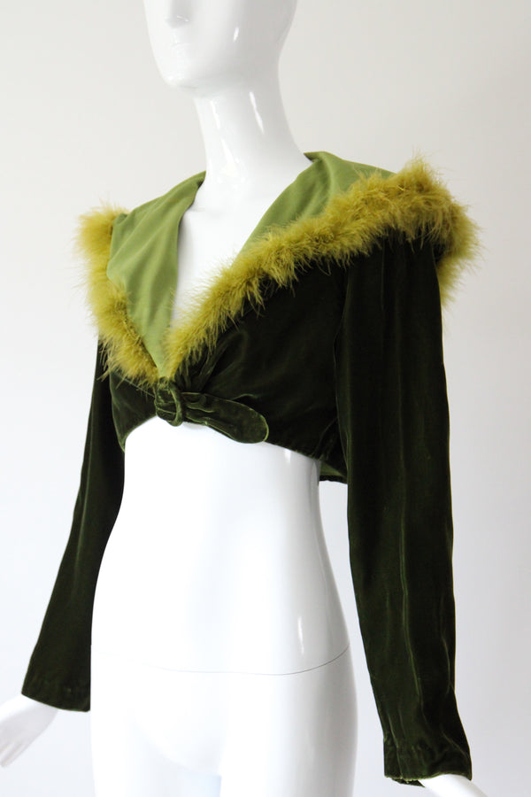 "Chartreuse Marabou" Vintage 1960's Forest Green Velvet & Chartreuse Marabou Cropped Jacket UK 12 US 8