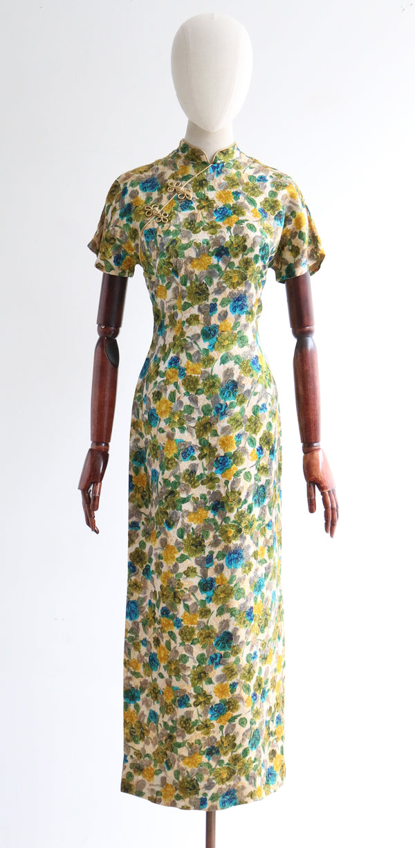 "Garden Braiding" Vintage 1960's Floral Brocade & Gold Lurex Dress UK 10 US 6