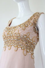 "Pink Silk & Pearls" Vintage 1960's Pink Shantung Silk Beaded Dress UK 8 US 4