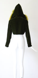 "Chartreuse Marabou" Vintage 1960's Forest Green Velvet & Chartreuse Marabou Cropped Jacket UK 12 US 8