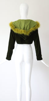 "Chartreuse Marabou" Vintage 1960's Forest Green Velvet & Chartreuse Marabou Cropped Jacket UK 12 US 8
