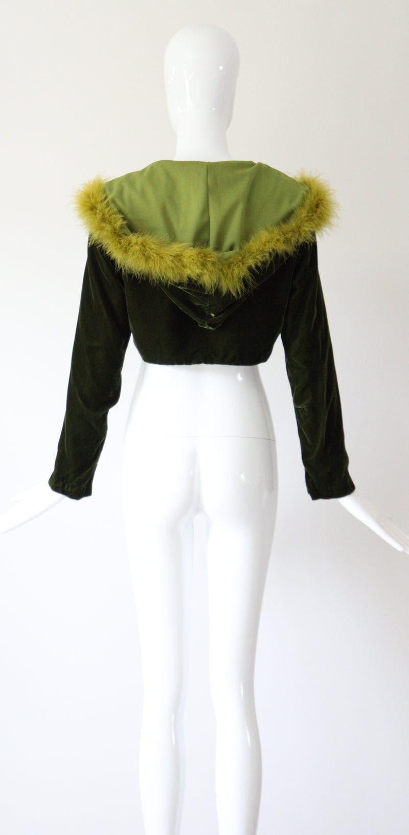 "Chartreuse Marabou" Vintage 1960's Forest Green Velvet & Chartreuse Marabou Cropped Jacket UK 12 US 8