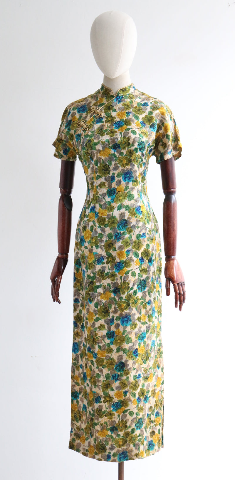 "Garden Braiding" Vintage 1960's Floral Brocade & Gold Lurex Dress UK 10 US 6