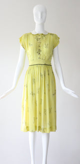 "Chartreuse Companions" Vintage Late 1940's Chartreuse Novelty Print Dress & Jacket Set UK 6 US 2