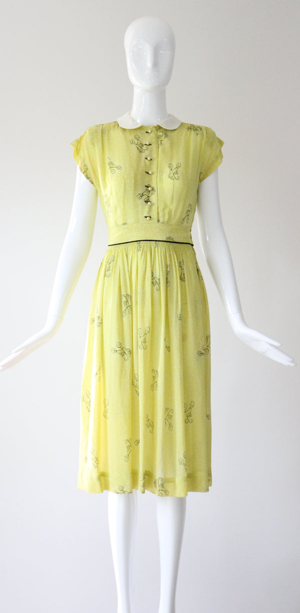 "Chartreuse Companions" Vintage Late 1940's Chartreuse Novelty Print Dress & Jacket Set UK 6 US 2
