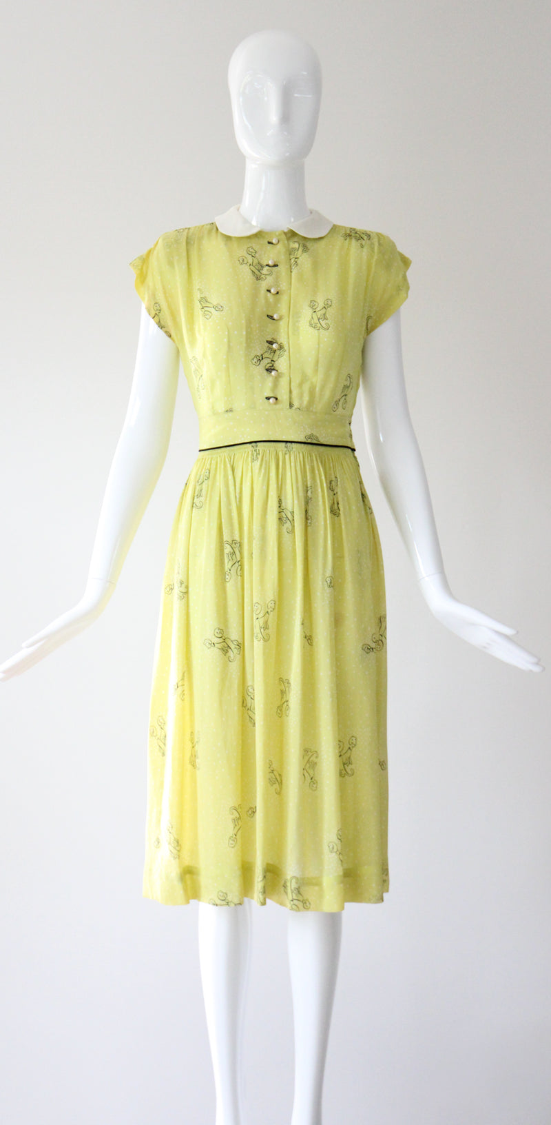 "Chartreuse Companions" Vintage Late 1940's Chartreuse Novelty Print Dress & Jacket Set UK 6 US 2