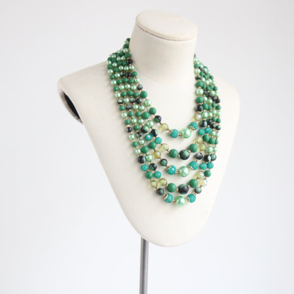 "Forest Leaves" Vintage 1950's Green Bead Multi-Strand Necklace