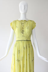 "Chartreuse Companions" Vintage Late 1940's Chartreuse Novelty Print Dress & Jacket Set UK 6 US 2