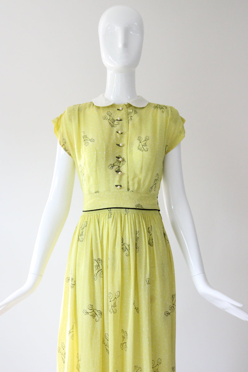 "Chartreuse Companions" Vintage Late 1940's Chartreuse Novelty Print Dress & Jacket Set UK 6 US 2