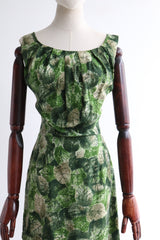 "Pleated Leaves" Vintage 1950's Green Pleated Leaf Print Dress UK 10 US 6