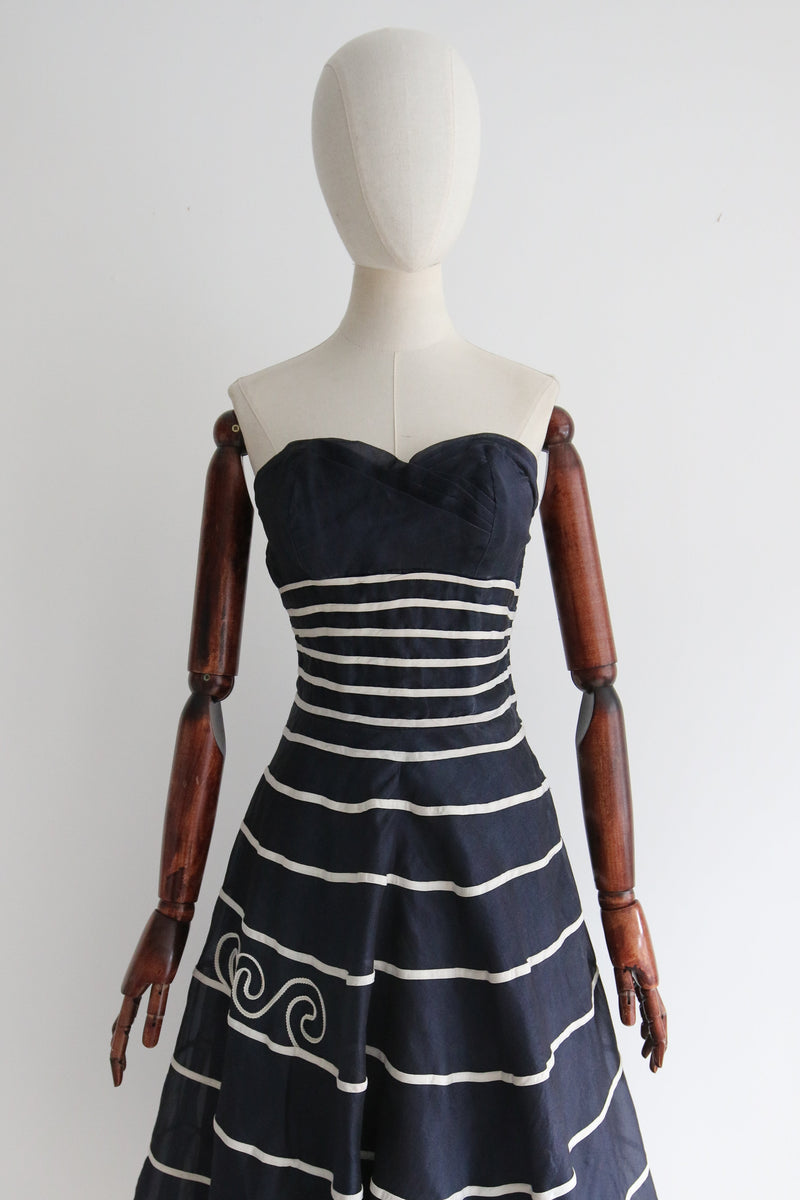 "Navy & White Striped Organza" Vintage 1950's Navy & White Striped Silk Organza Dress & Bolero UK 8-10 US 4-6