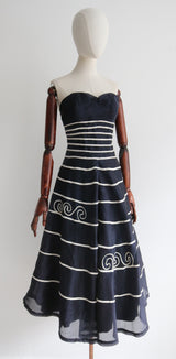 "Navy & White Striped Organza" Vintage 1950's Navy & White Striped Silk Organza Dress & Bolero UK 8-10 US 4-6