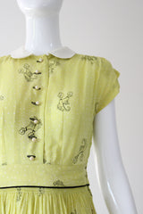 "Chartreuse Companions" Vintage Late 1940's Chartreuse Novelty Print Dress & Jacket Set UK 6 US 2