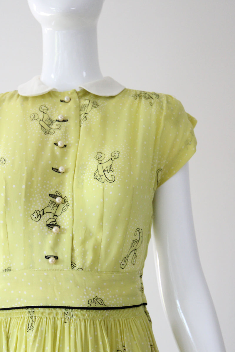 "Chartreuse Companions" Vintage Late 1940's Chartreuse Novelty Print Dress & Jacket Set UK 6 US 2
