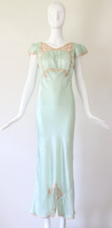 "Mermaid Blue Silk" Vintage 1930's Silk & Lace Gown UK 8 US 4