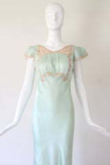 "Mermaid Blue Silk" Vintage 1930's Silk & Lace Gown UK 8 US 4