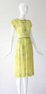 "Chartreuse Companions" Vintage Late 1940's Chartreuse Novelty Print Dress & Jacket Set UK 6 US 2