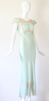 "Mermaid Blue Silk" Vintage 1930's Silk & Lace Gown UK 8 US 4