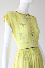 "Chartreuse Companions" Vintage Late 1940's Chartreuse Novelty Print Dress & Jacket Set UK 6 US 2