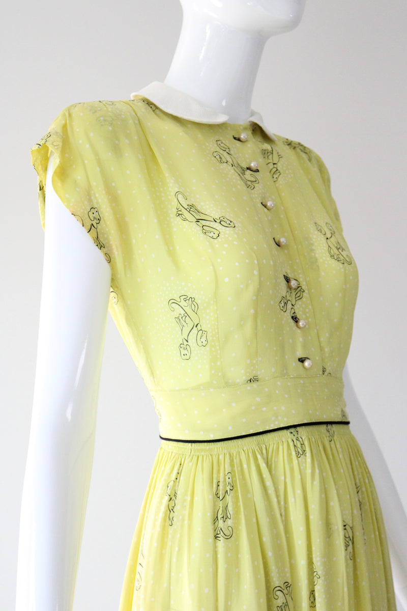 "Chartreuse Companions" Vintage Late 1940's Chartreuse Novelty Print Dress & Jacket Set UK 6 US 2