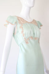 "Mermaid Blue Silk" Vintage 1930's Silk & Lace Gown UK 8 US 4