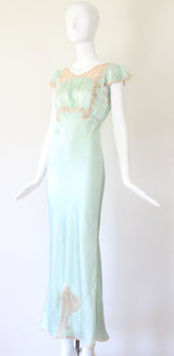 "Mermaid Blue Silk" Vintage 1930's Silk & Lace Gown UK 8 US 4