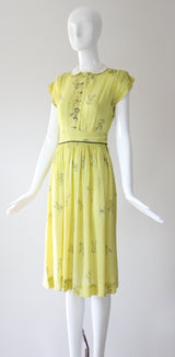 "Chartreuse Companions" Vintage Late 1940's Chartreuse Novelty Print Dress & Jacket Set UK 6 US 2