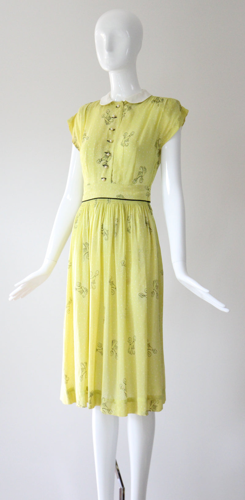 "Chartreuse Companions" Vintage Late 1940's Chartreuse Novelty Print Dress & Jacket Set UK 6 US 2
