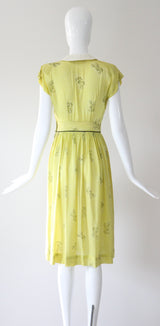 "Chartreuse Companions" Vintage Late 1940's Chartreuse Novelty Print Dress & Jacket Set UK 6 US 2