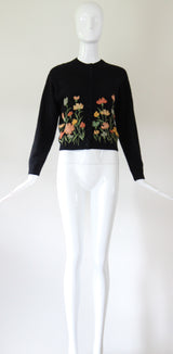 "Muted Embroidered Florals" Vintage 1950's Black Floral Embroidered Cardigan UK 12 US 8