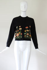 "Muted Embroidered Florals" Vintage 1950's Black Floral Embroidered Cardigan UK 12 US 8