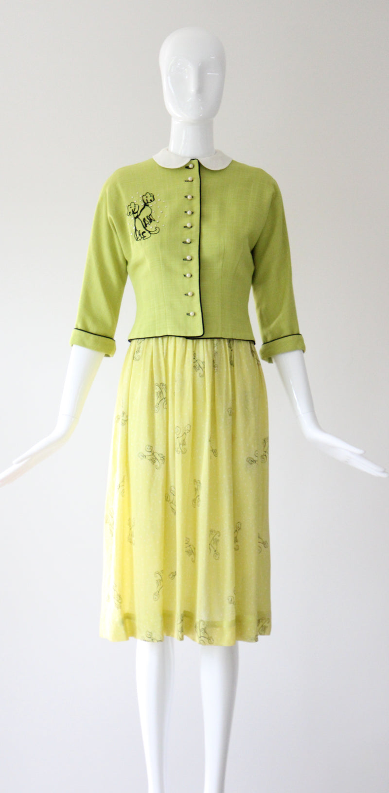 "Chartreuse Companions" Vintage Late 1940's Chartreuse Novelty Print Dress & Jacket Set UK 6 US 2