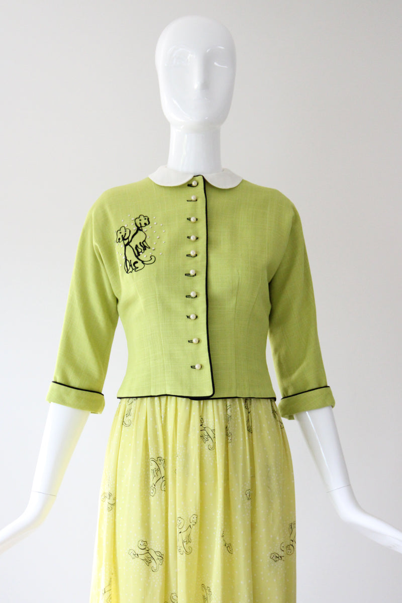 "Chartreuse Companions" Vintage Late 1940's Chartreuse Novelty Print Dress & Jacket Set UK 6 US 2