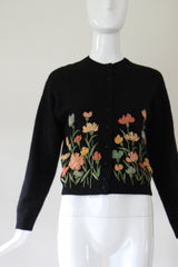 "Muted Embroidered Florals" Vintage 1950's Black Floral Embroidered Cardigan UK 12 US 8