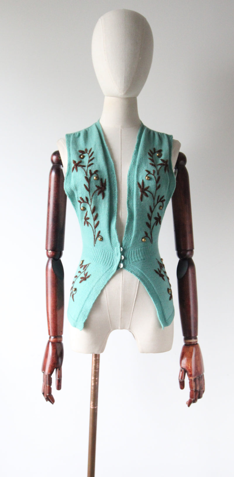 "Wildflowers & Wool" Vintage 1940's Pacific Blue Embroidered & Knitted Waistcoat UK 6-8 US 2-4