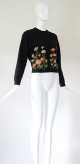 "Muted Embroidered Florals" Vintage 1950's Black Floral Embroidered Cardigan UK 12 US 8