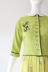 "Chartreuse Companions" Vintage Late 1940's Chartreuse Novelty Print Dress & Jacket Set UK 6 US 2